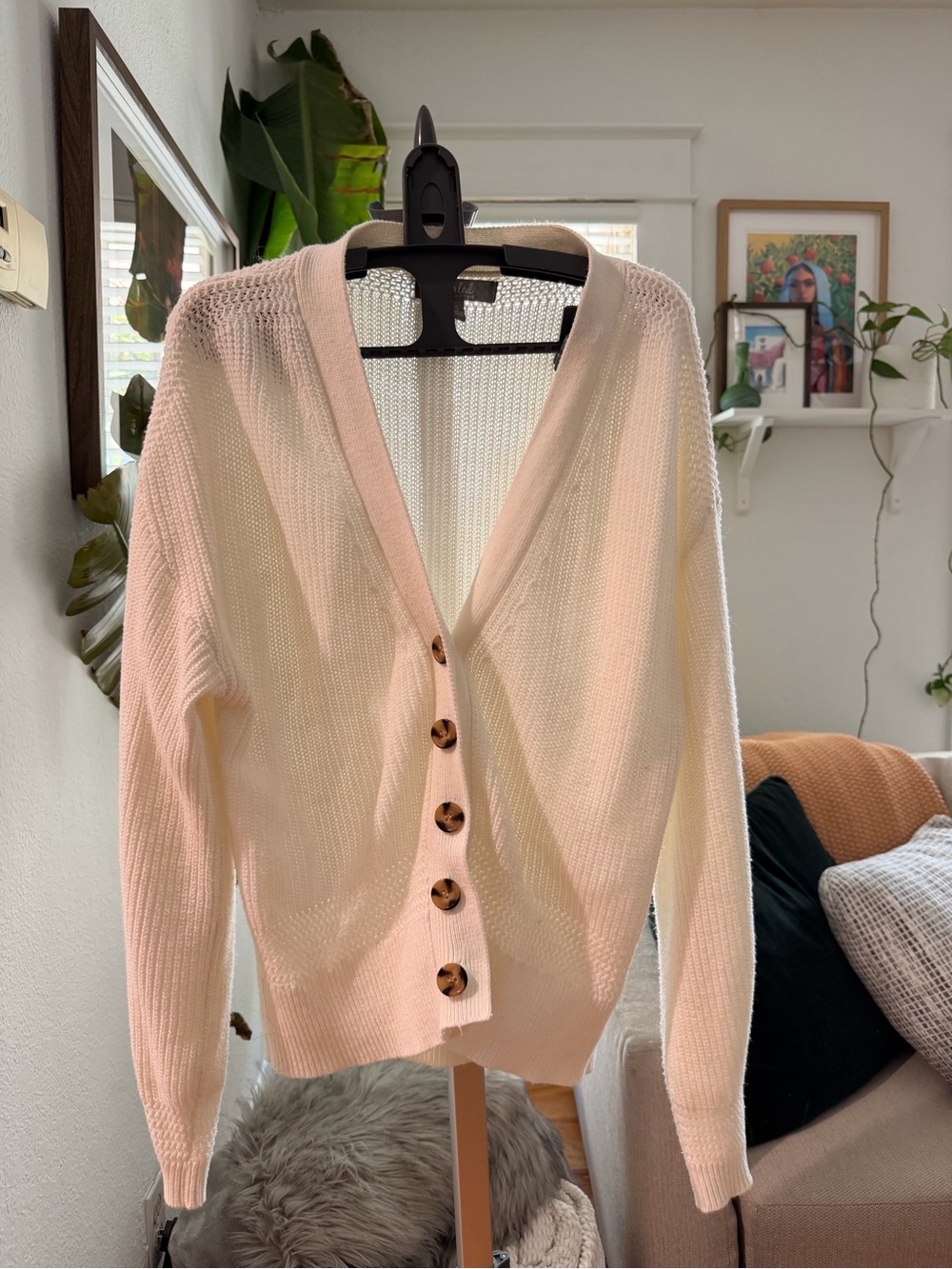 Ivory Button-Front Women’s Knit Cardigan Sweater